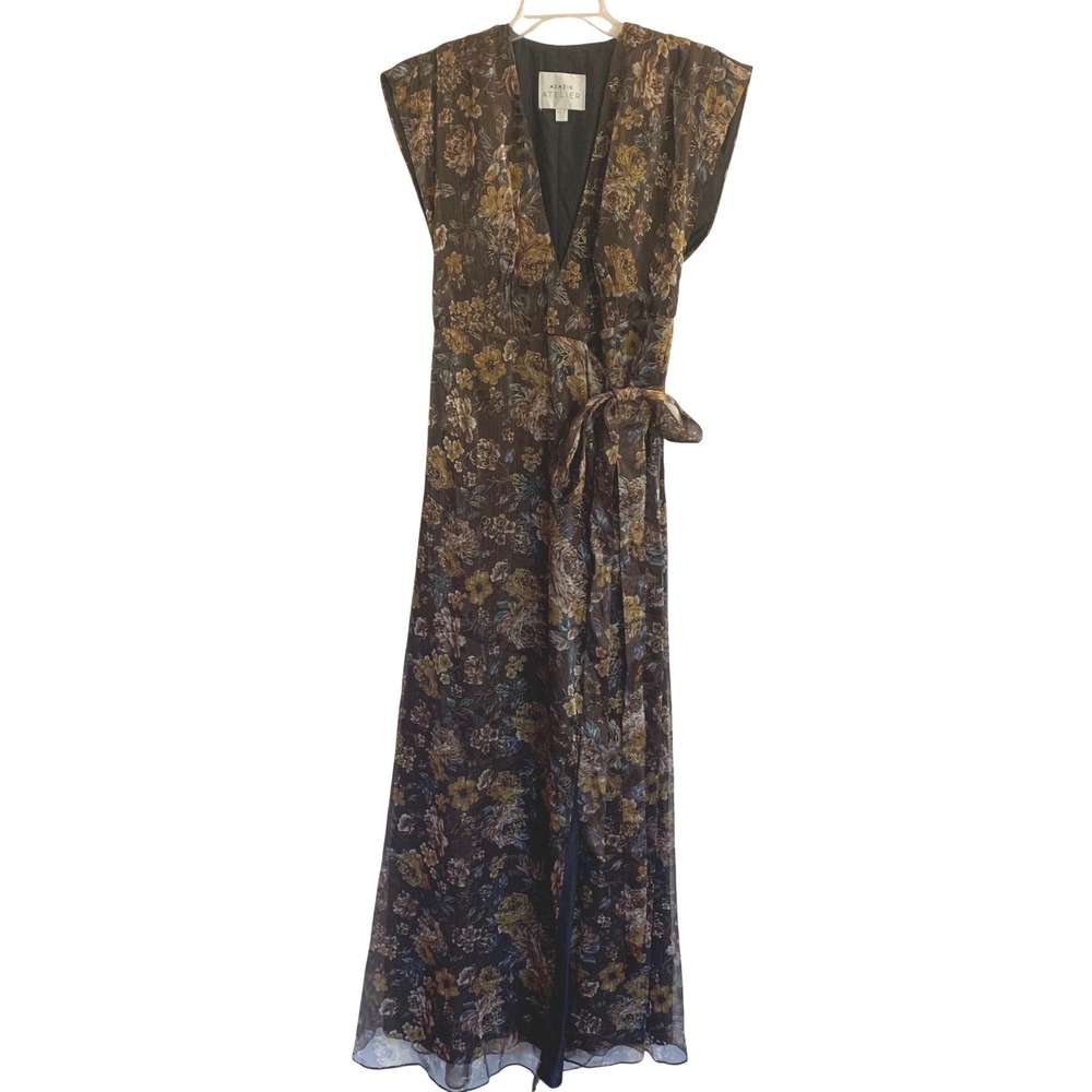 NEW Azazie Atelier 10 Kellie Maxi Dress Mocha Brown Floral Metallic Wrap Gown